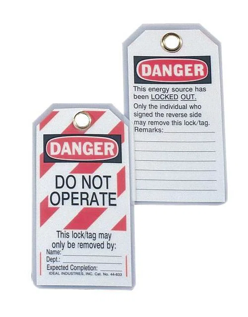 44-833 Heavy Duty Laminated Striped Lockout Tag, Red, 7/8 in Hole, Plastic