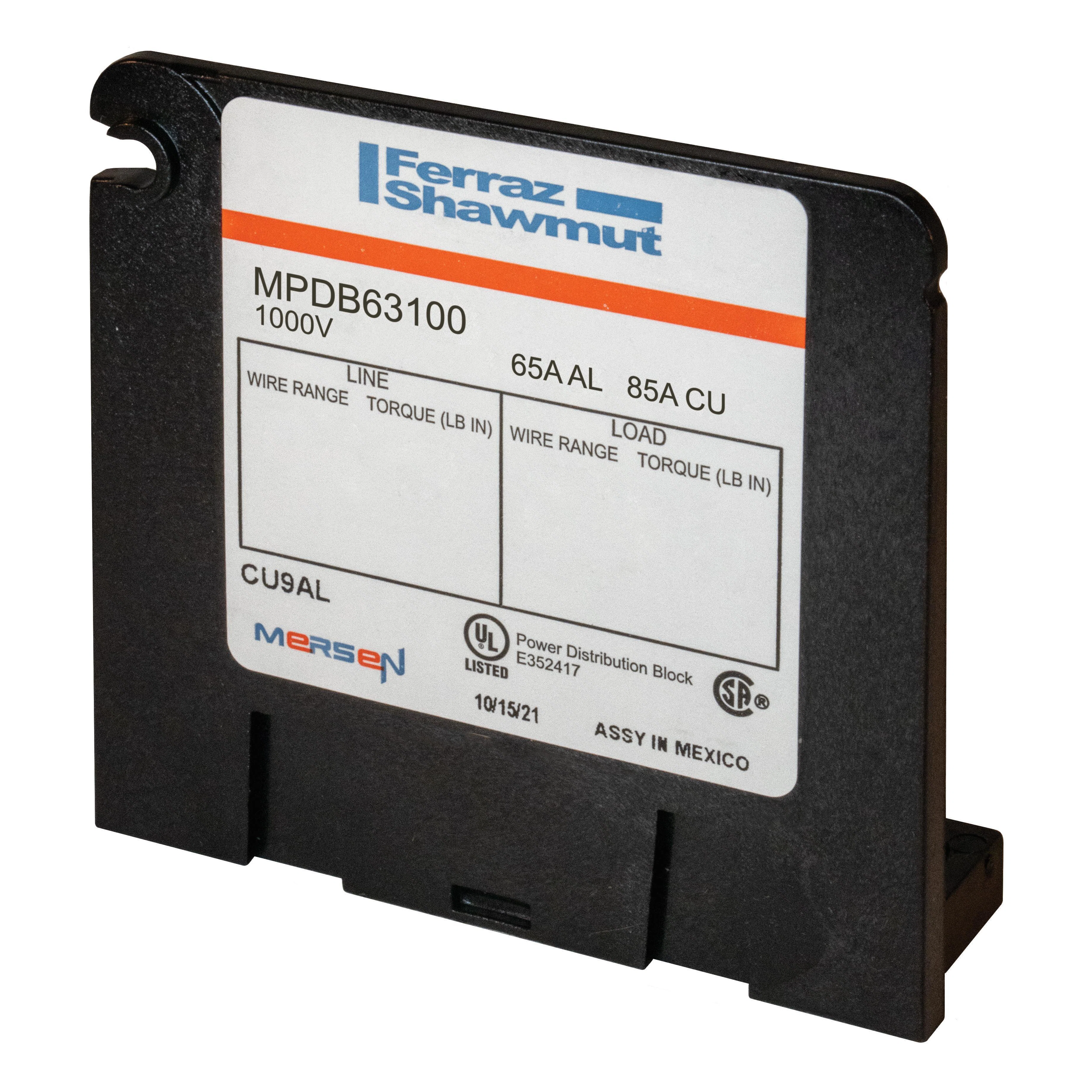 MPDB63100 Adder Miniature Open Style Power Distribution Block, 600 V AC, 85 A, 14 to 4 AWG Wire, Polycarbonate