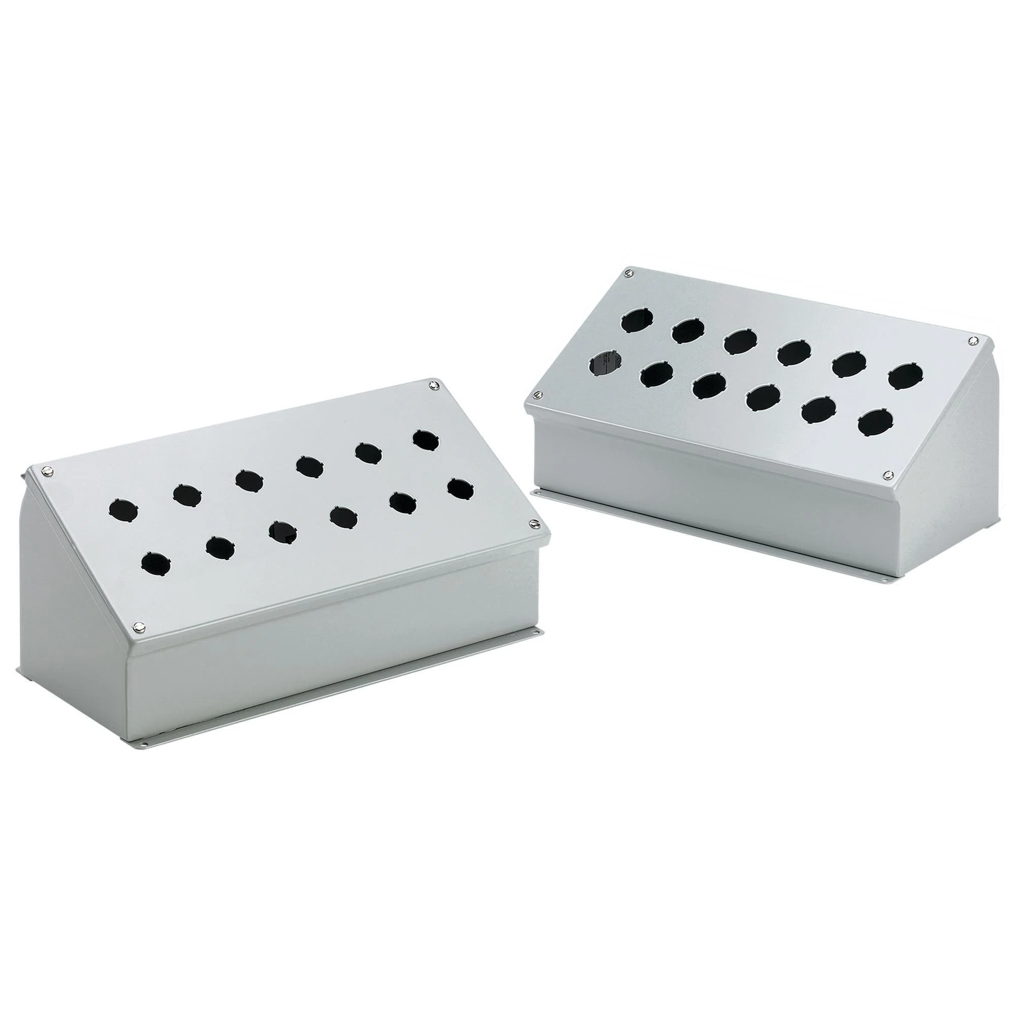 E4PBA PB1 Sloped Front Pushbutton Enclosure, 3-1/2 in L x 10 in W x 4.84 in D, 4 Outlets, NEMA 12/IP65 NEMA Rating, Steel