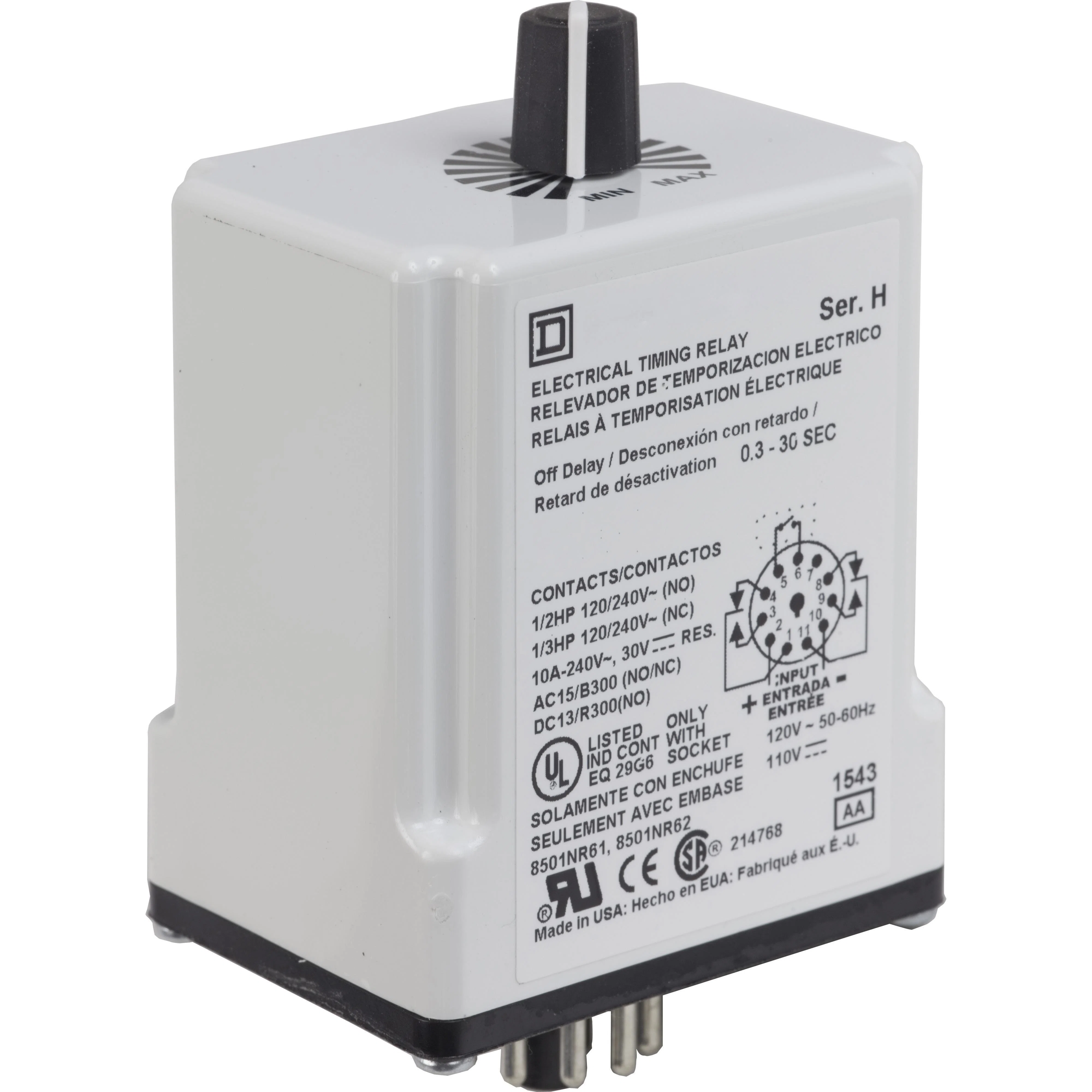 9050JCK25V14 Type JCK Adjustable Time Timer Relay, 1.8 to 180 s Setting, 240 VAC, 11 Pin, 2NO-2NC 2 Form C DPDT Contact