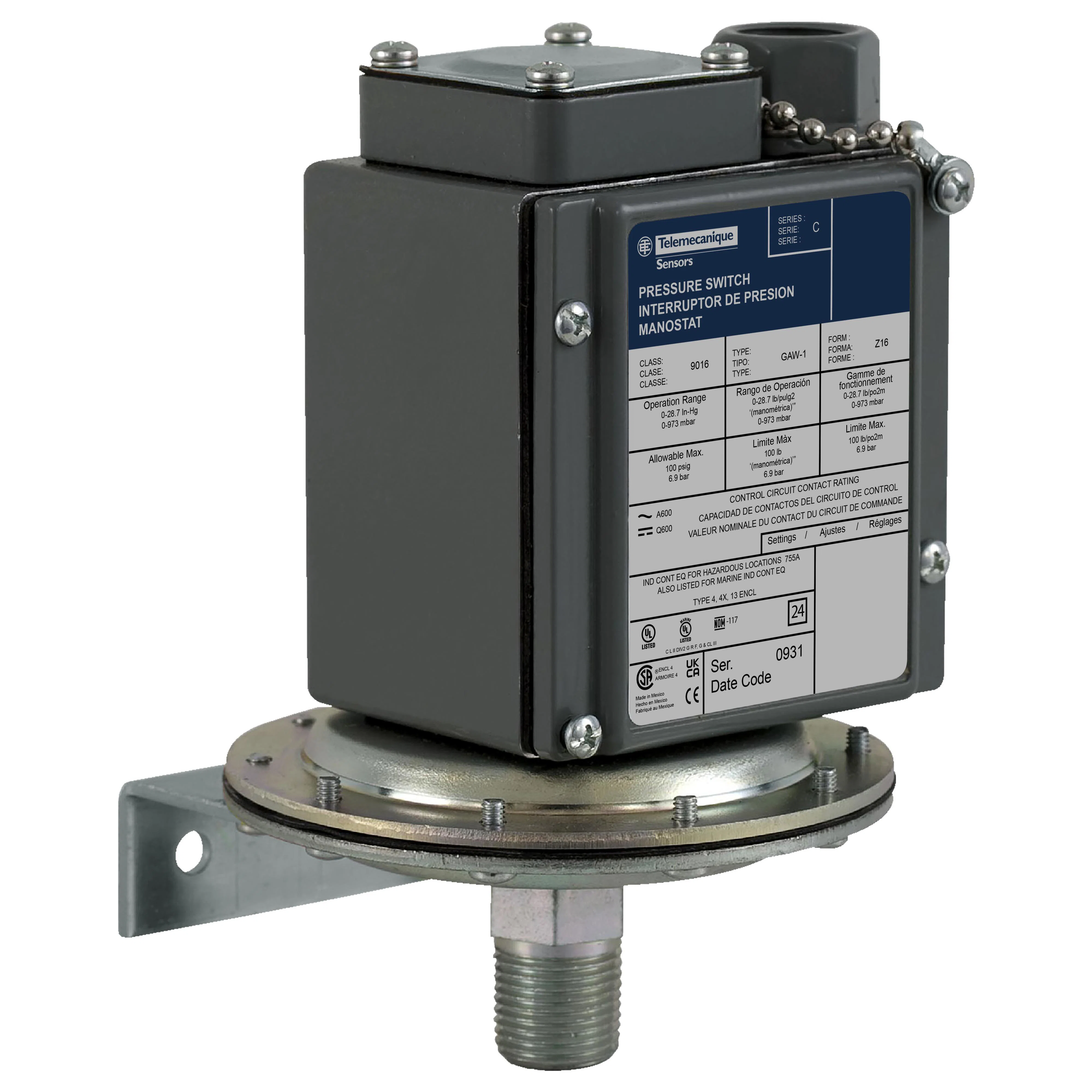 Vacuum switch, 9016G, electromechanical,  adjustable scale, 2 thresholds, Set 0 to 28.7InHg