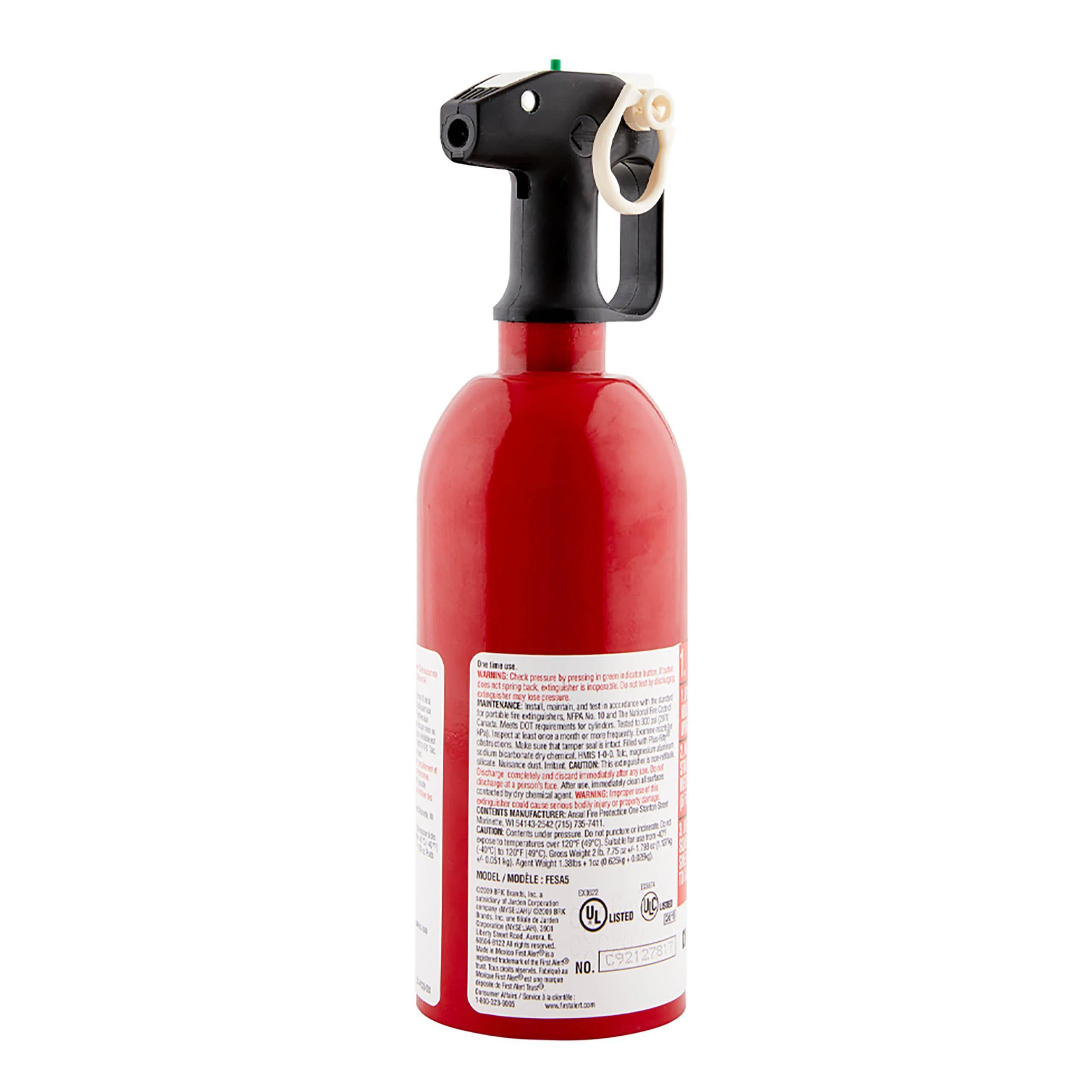 AUTO5 First Alert One Time Use Fire Extinguisher, Dry Powder Extinguisher, Class: B/C, UL Rating: 5-B:C, Extinguishing Agent: Sodium Bicarbonate