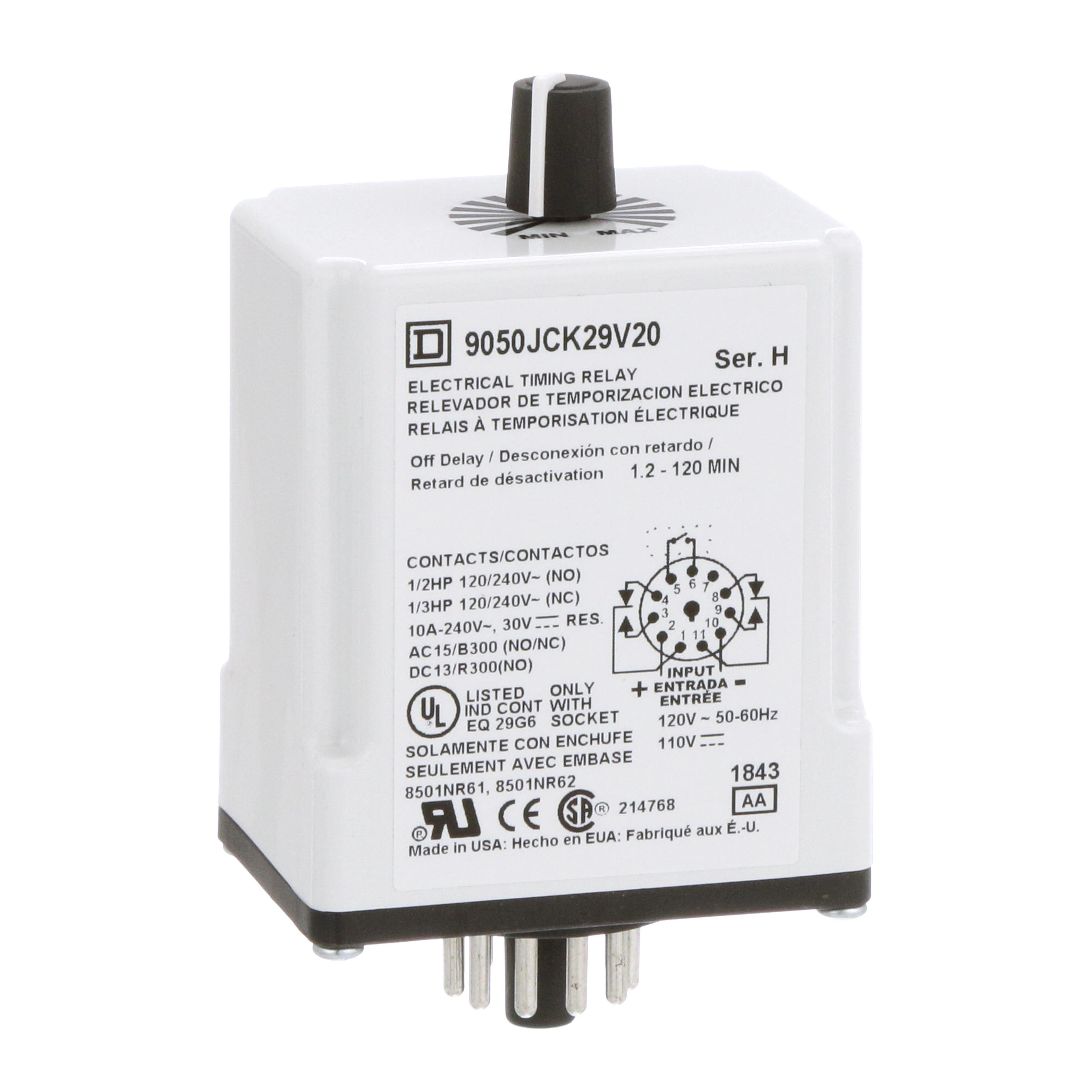 9050JCK29V20 Type JCK Class 9050 Electronic Adjustable Time Timing Relay, 1.2 to 120 min Setting, 240 V AC, 11 Pin, 2NO-2NC 2 Form C DPDT Contact