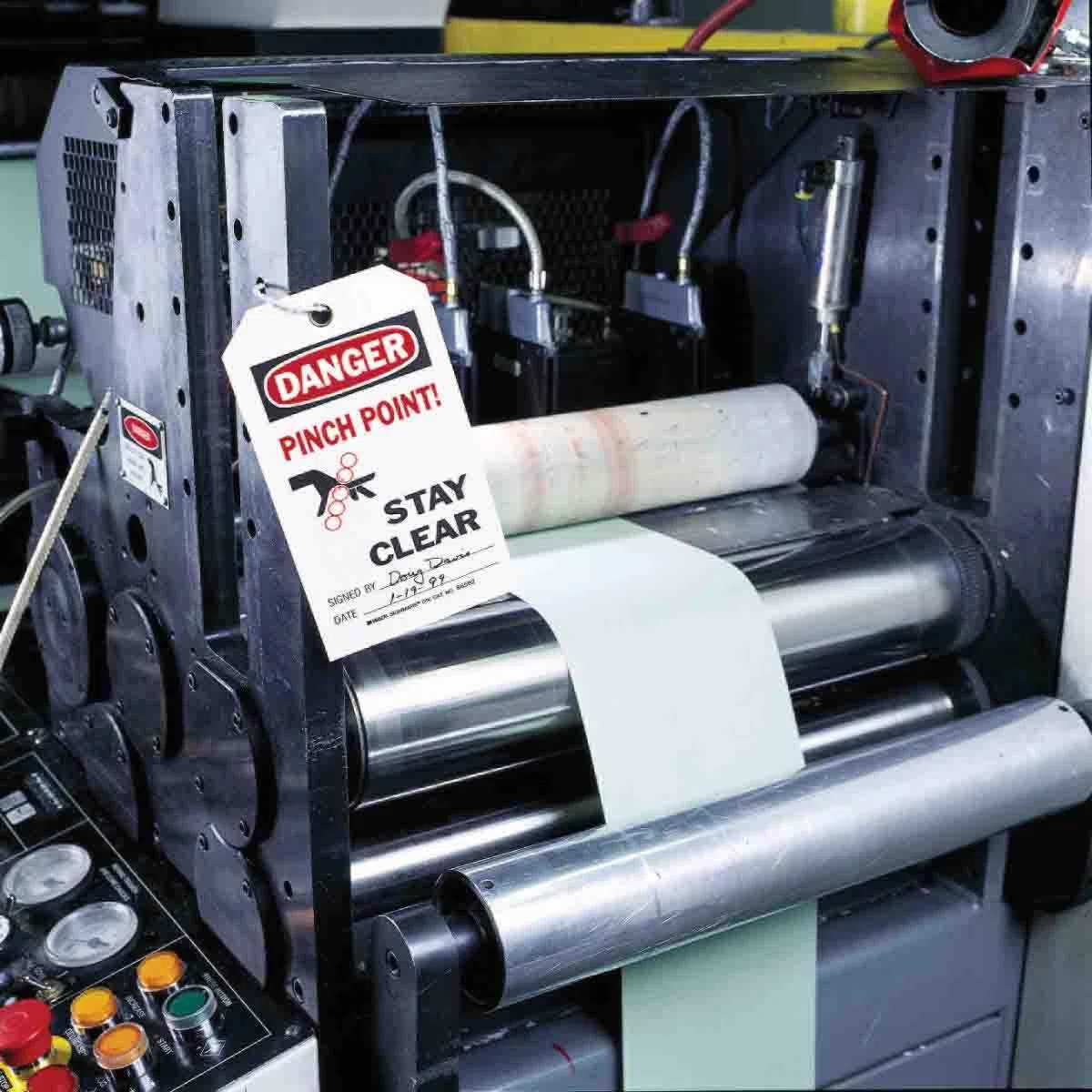 66064 Rectangular Self-Laminating Lockout Tag, 5-3/4 in H x 3 in W, Black/Red on White, 3/8 in Hole, B-851 Polyester