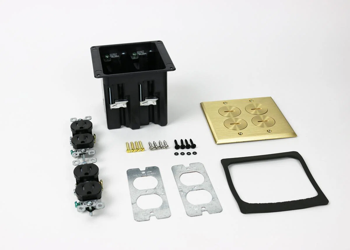 WMFB2DR2B Duplex Floor Box Assembly, Brass, 2 Gangs, 4 Outlets, 3-3/4 in L x 2-1/8 in W x 3-7/8 in D