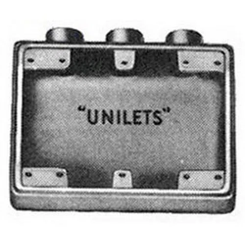 FSS-3-75 Unilets Type FSS Heavy Duty Shallow Device Box With Internal Ground Screw, Malleable Iron, 40 cu-in Capacity, 3 Gangs, 2 Outlets, 2 Knockouts, 5.88 in H x 6.44 in W x 2 in D