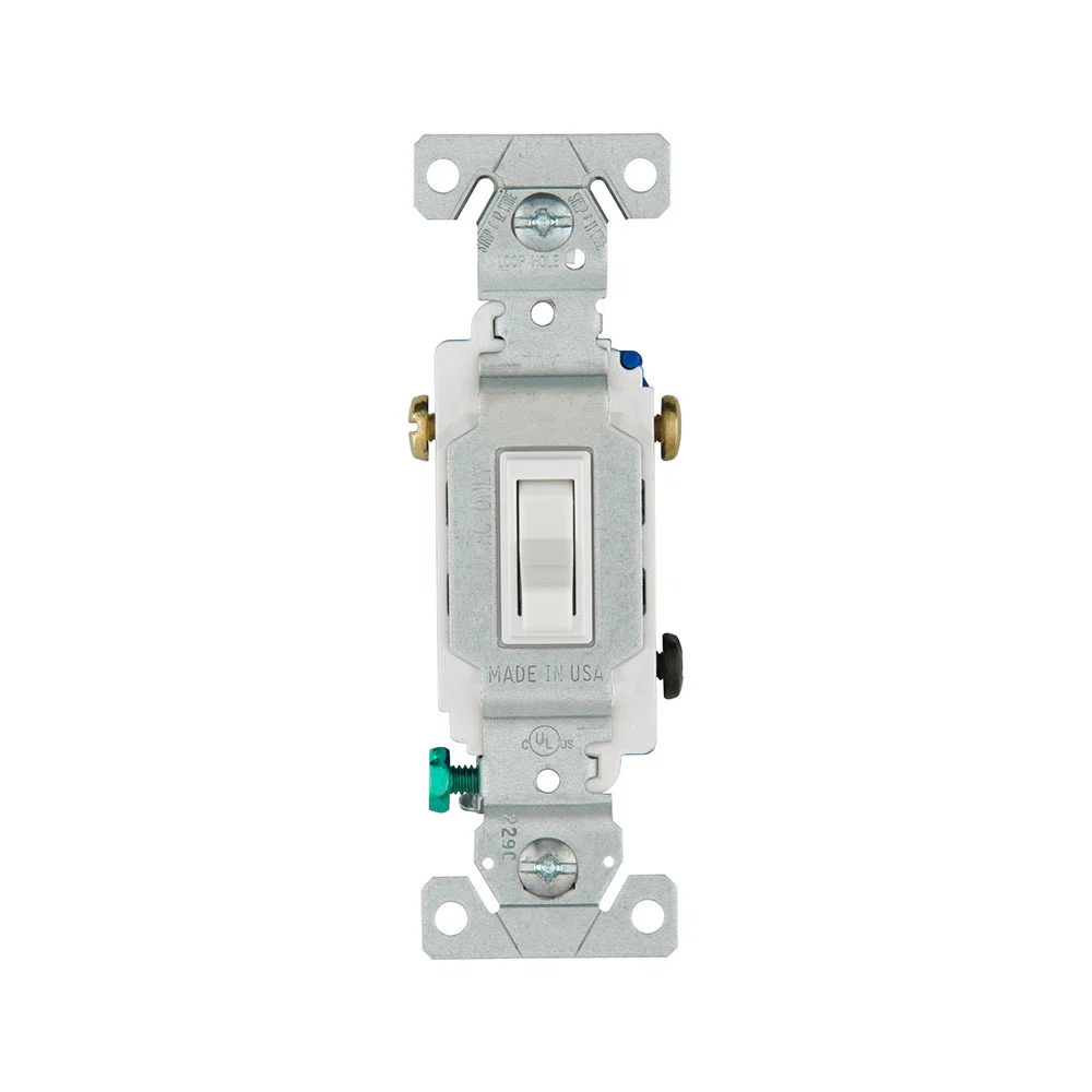Eaton toggle switch, #14-10 AWG, 15A, Flush, 120V, Back and side wire, push wire, Screw, White, Load type: Motor Control, Fan, LED, Incandescent, ELV, MLV, CFL, Flourescent, Halogen, Single-Pole, Three-Way, Three-Way