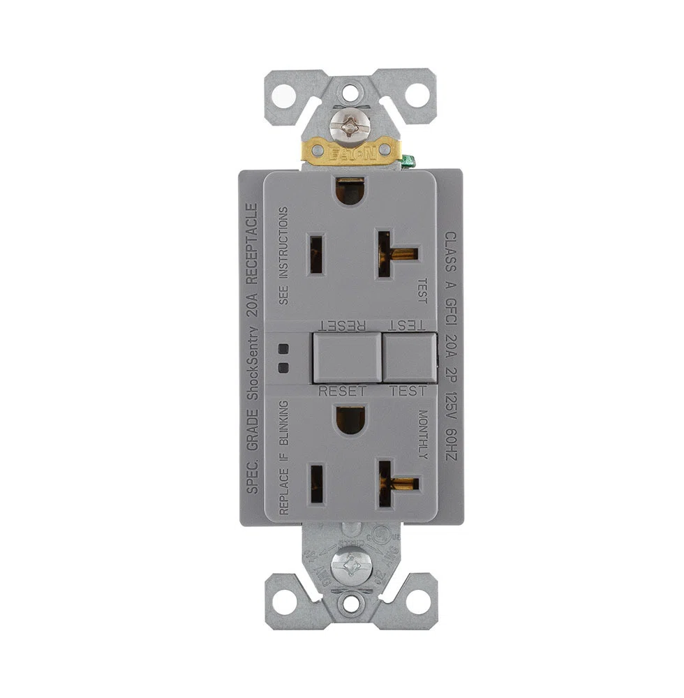 Eaton GFCI receptacle,Self-test,#14 - 10 AWG,20A,Residential,Commercial,Flush,125 V,GFCI,Back and side wire,Gray,Brass,Receptacle,Polycarbonate,5-20R,Two-pole, three-wire, grounding