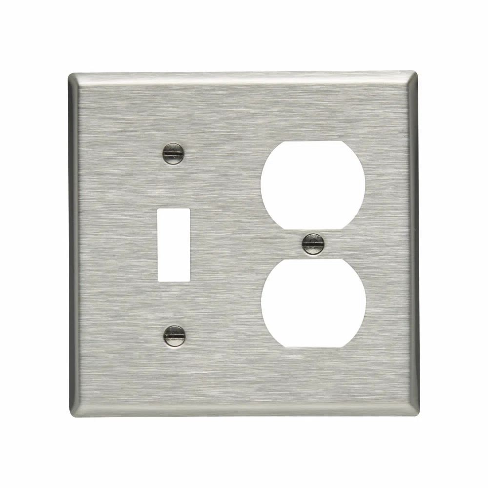 Eaton Combination wallplate, Stainless steel, Toggle, Duplex receptacle Cutout, Stainless steel, Two- gang, Standard, ED Box