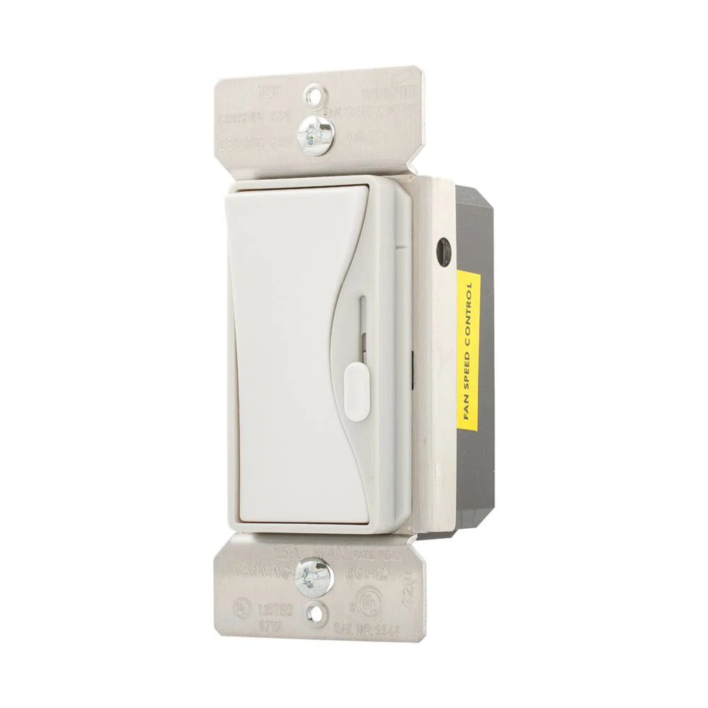 Eaton fan speed controller, No neutral required, Flush, 120 Vac, Wire Leads, Maintained, Wire lead, White satin, 60 Hz, Fan, Single-pole, Three-way, Single-phase, Polycarbonate, 1.5A 658358