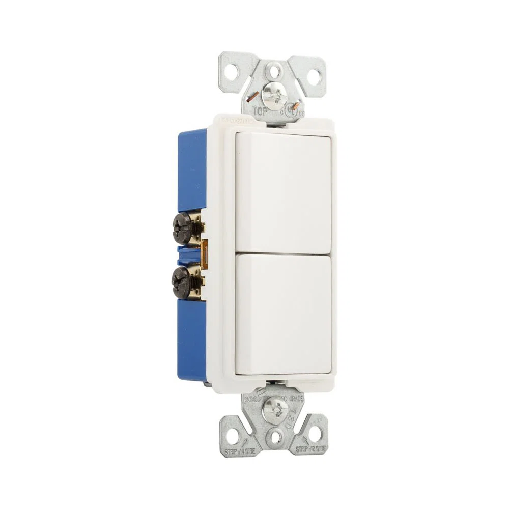 Eaton commercial grade combination switch, auto-grnd, Decorator, #14 - #12 AWG, 15A, resi, comm, 120/277V, bk and sd wiring, Rocker, Maint closure, Screw, Brass, wht, -20-60?C, (1) 1-pole, (1) 3-way, dplx, thermoplas, polycrb, PVC