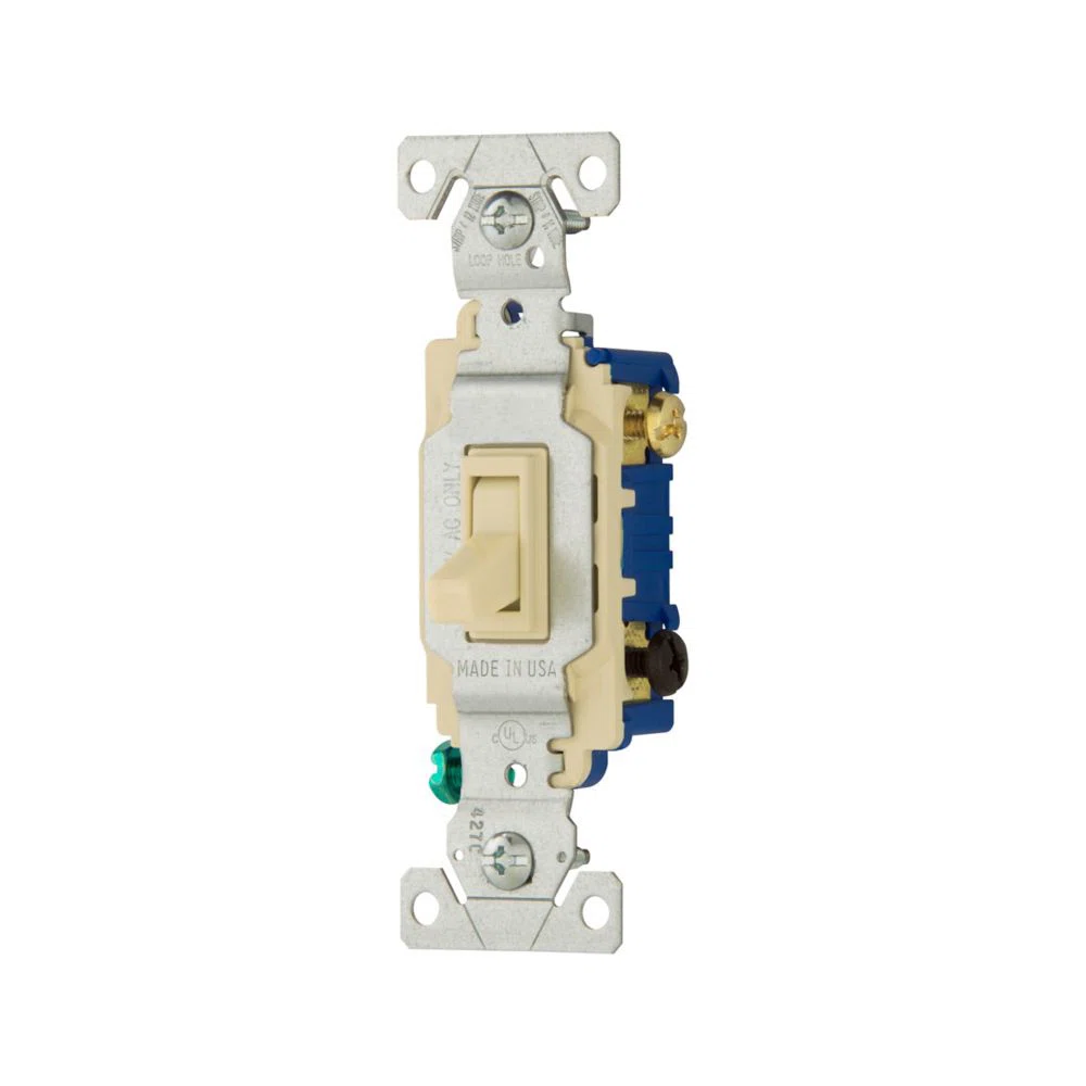 Eaton toggle switch, #14-10 AWG, 15A, Flush, 120V, Back and side, push wire, Screw, Ivory, Load type: Motor Control, Fan, LED, Incandescent, ELV, MLV, CFL, Flourescent, Halogen, Single-Pole, Three-Way, Three-Way