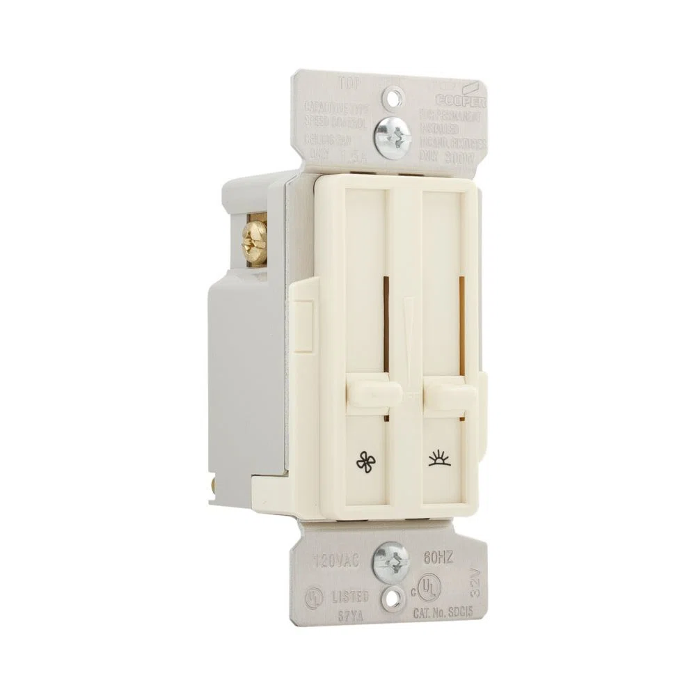 Eaton dimmer and fan speed control, No neutral required, #14 -12 AWG, Flush, 120 Vac, Back and side, Maintained, Almond, 60 Hz, Incandescent, MLV, ELV, Fan, Halogen, Single-pole, Single pole, Single-phase, Polycarbonate, 300W 663222