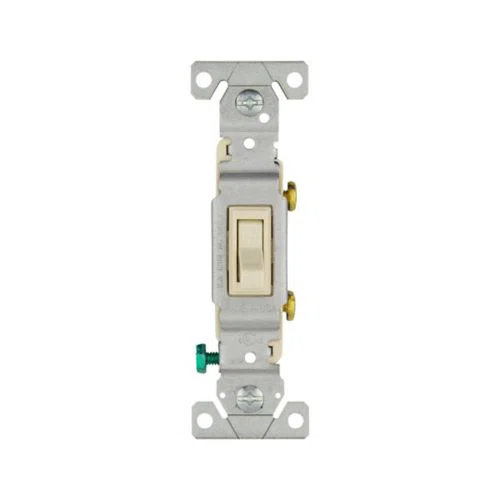 Eaton toggle switch, #14-10 AWG, 15A, Flush, 120V, Side and push, Screw, Light almond, Load type: Motor Control, Fan, LED, Incandescent, ELV, MLV, CFL, Flourescent, Halogen, Single-Pole, Single-Pole, Polycarbonate