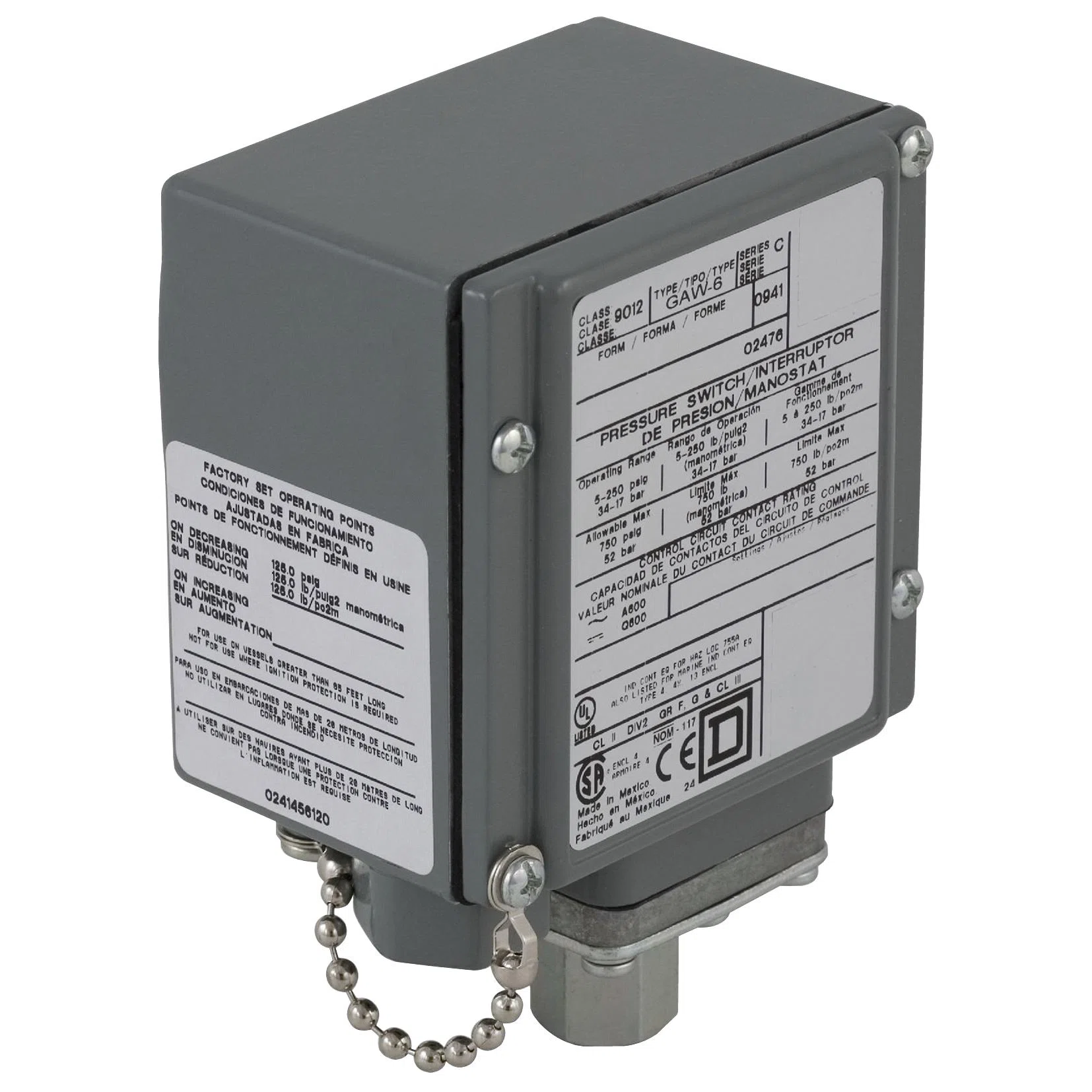 Pressure switch 9012G, adjustable scale, 2 thresholds, 3.0 to 150 PSIG