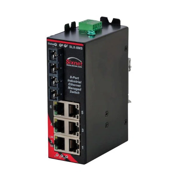 SLX-8MS-1 Sixnet 8-Port Managed Fast Ethernet Switch, CLI/Web Interface, (8) RJ45 10/100Base-TX, (4) ST/SC Duplex, (1) RS-232 (RJ45), (1) USB Port, 1.6 Gbps Switching